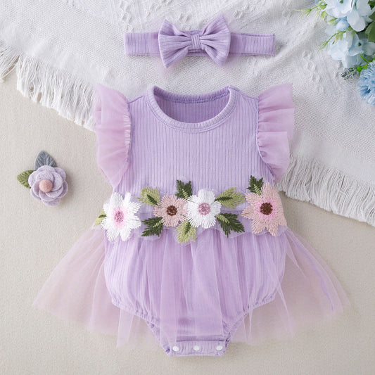 Ensemble 2 pièces: robe-combinaison brodée en maille et bandeau pour poupées de 45 à 55cm