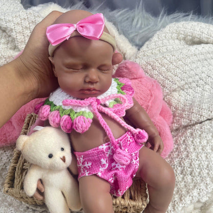 30cm Lifelike Silicone Asleep Loulou Dark Skin Reborn Doll Girl In Pink Outfits