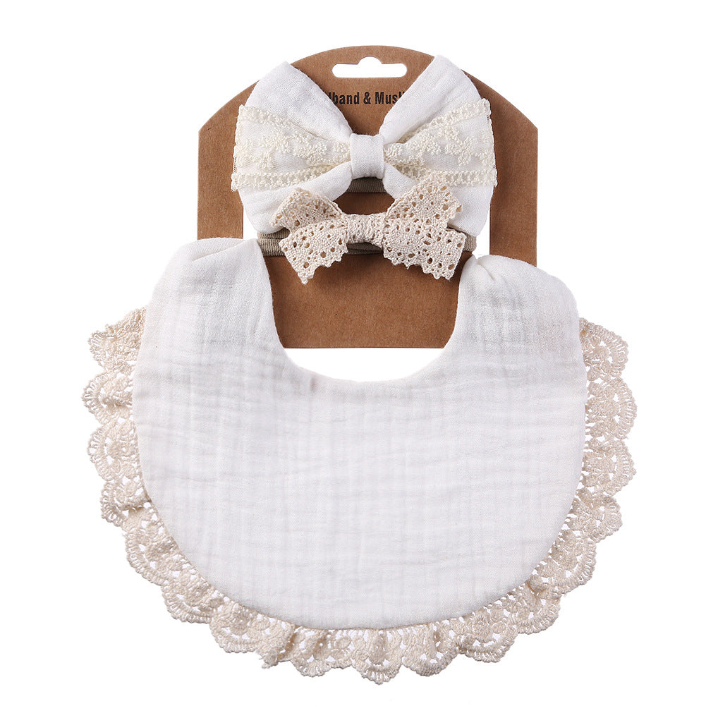 Lace cotton solid color Bib & Headband 3-Piece Set