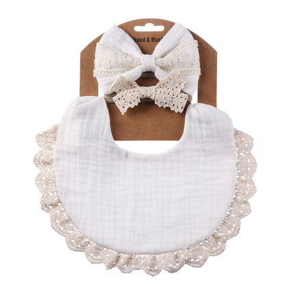 Lace cotton solid color Bib & Headband 3-Piece Set
