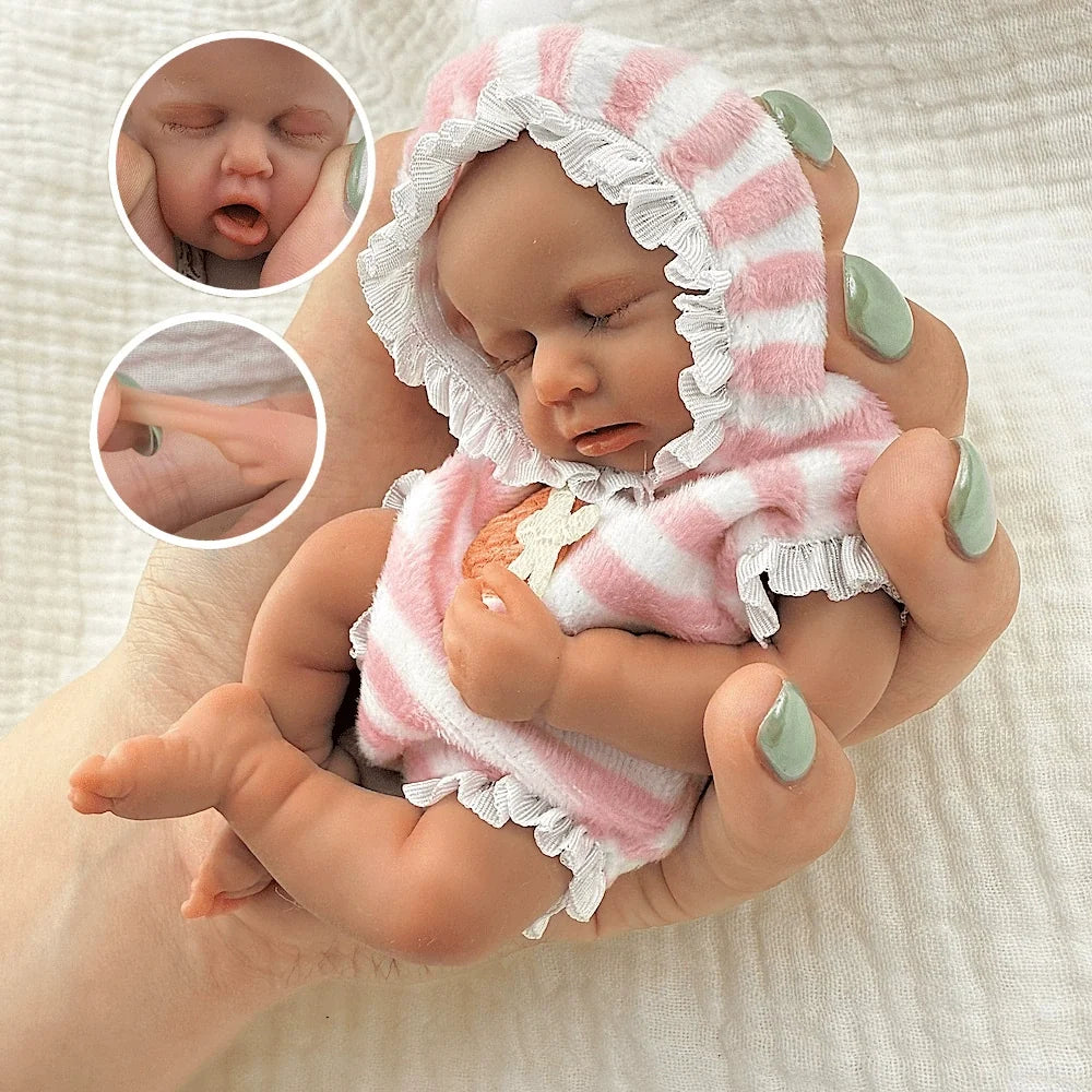 15cm Silicone Dark Skin Loulou Mini Reborn Doll in Pink Stripe Outfits