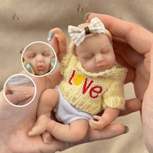 Poupée reborn miniature extensible Loulou de 15 cm yeux fermés en silicone vêtue d'un pull jaune
