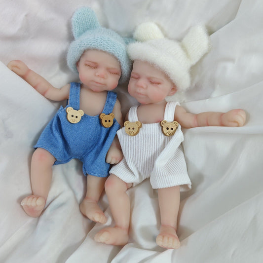 6 Inch Closed Eyes Silicone Mini Reborn Doll Girl Pascale In Bear Overalls