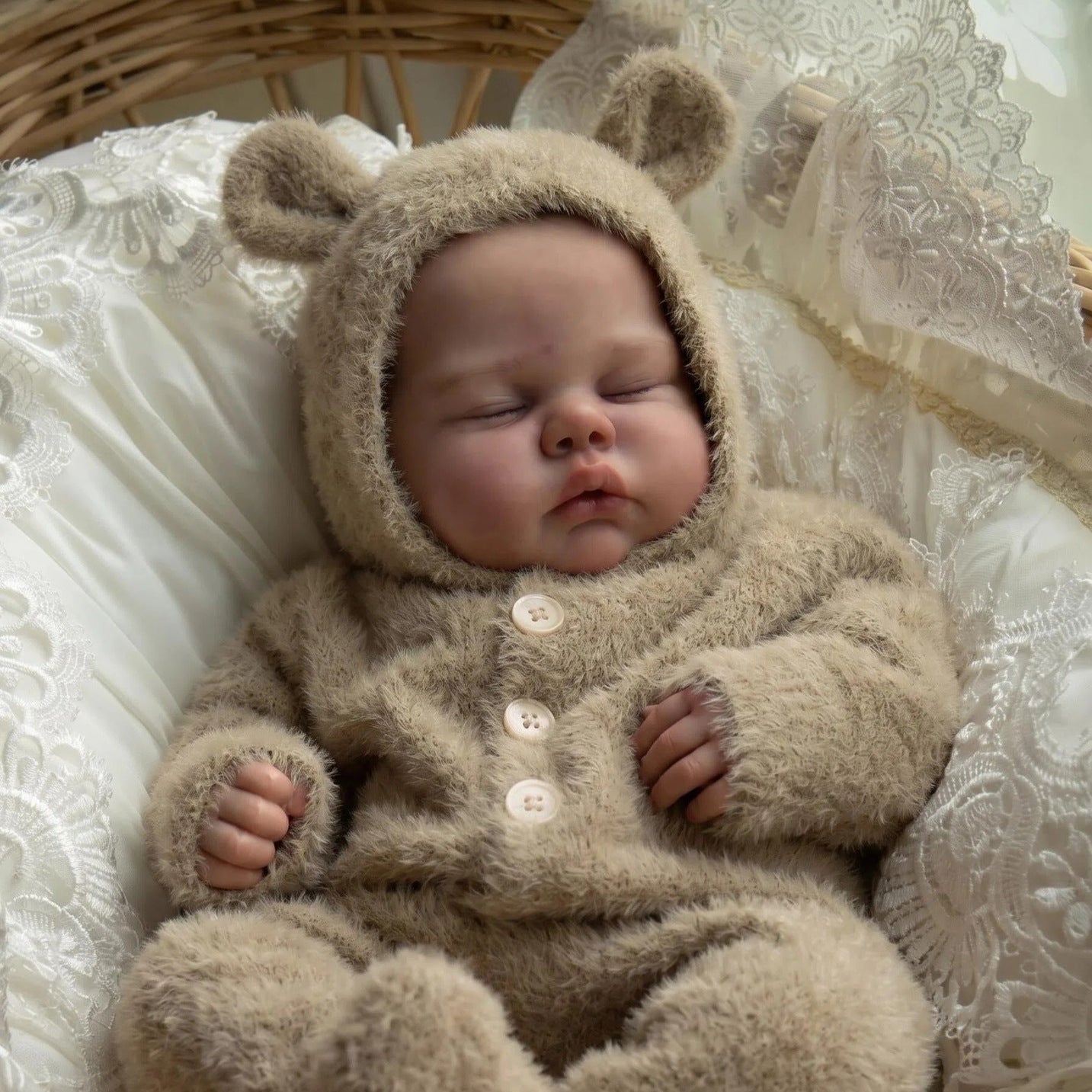 48cm Soft Body Sleeping Pickle Reborn Doll In Camel Plush Jumpsuit
