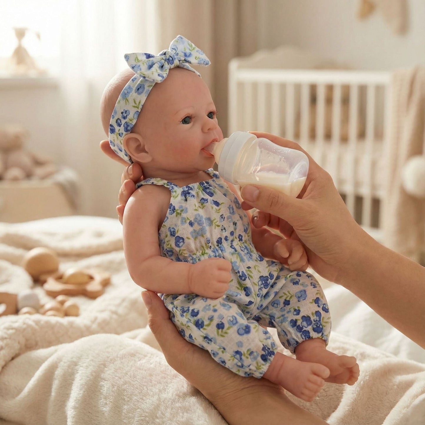 Bébé reborn Felicia de 30cm entièrement en silicone vêtue d'une combinaison bleue à fleurs