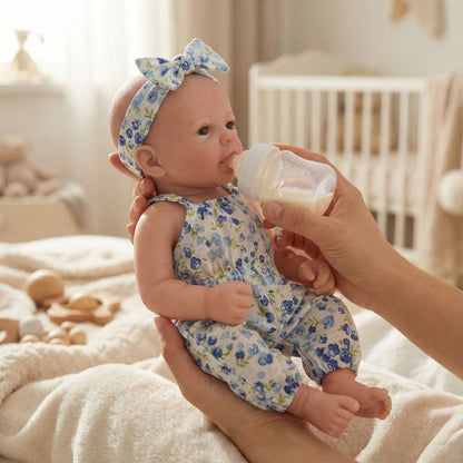 Bébé reborn Felicia de 30cm entièrement en silicone vêtue d'une combinaison bleue à fleurs