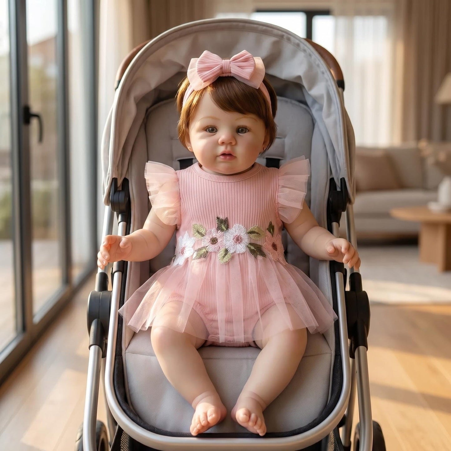 Bébé reborn Abigail de 48 cm (19 pouces) cheveux courts en robe rose