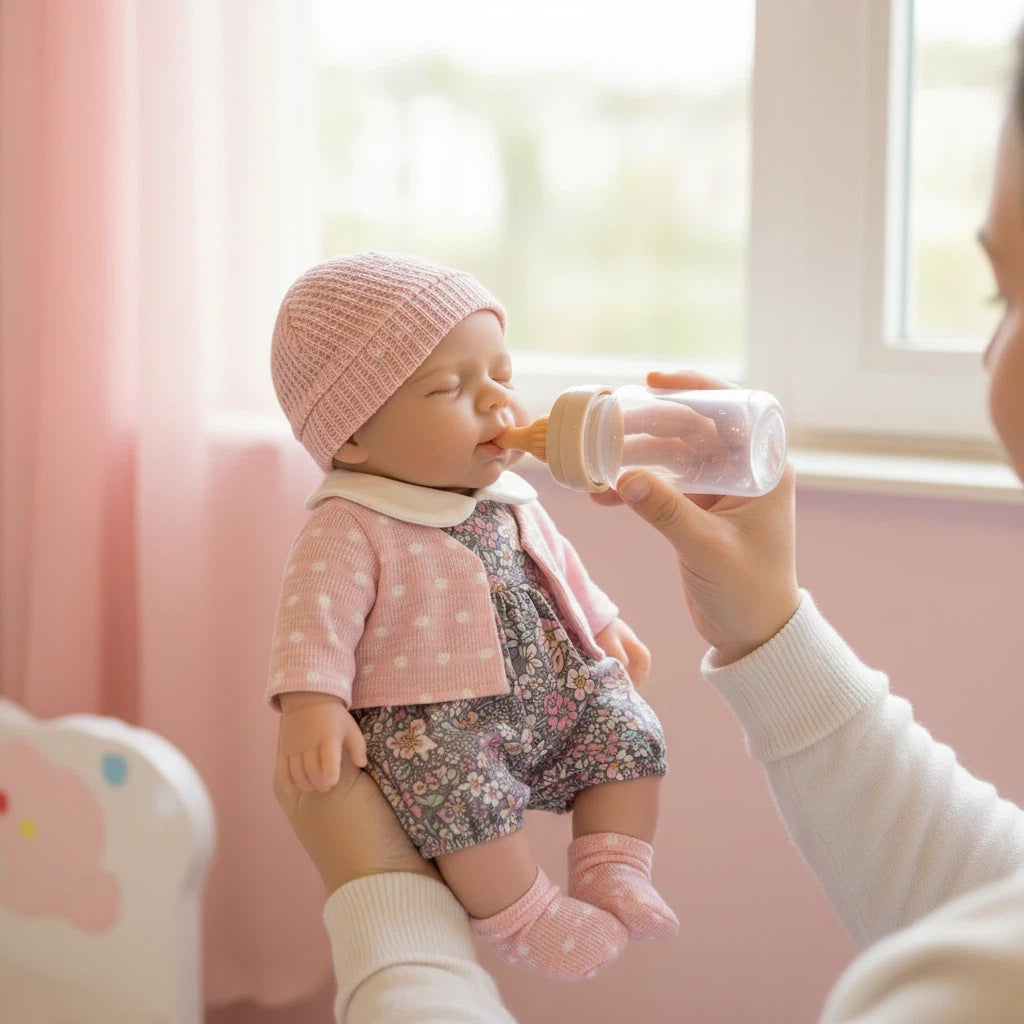 Poupée reborn Pascale en silicone 30cm bouche ouvrante vêtue de vêtements roses