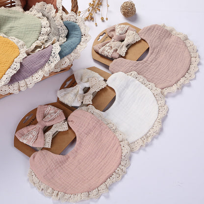 Lace cotton solid color Bib & Headband 3-Piece Set