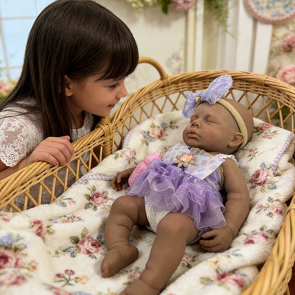 30cm Lifelike Silicone Asleep Loulou Dark Skin Reborn Doll Girl In Purple Dress