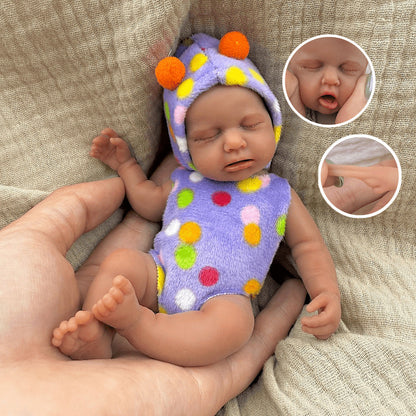 15cm Silicone Dark Skin Loulou Mini Reborn Doll in Polk Dot Outfits