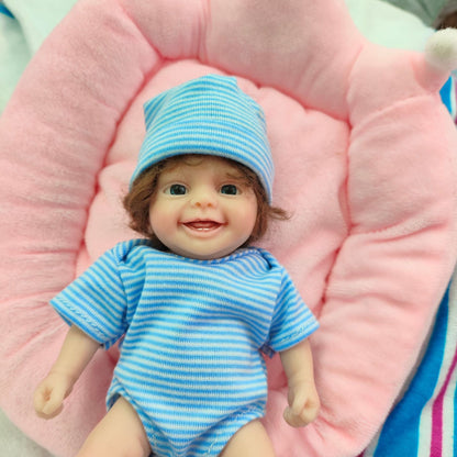 Mini poupée Reborn entièrement en silicone aux yeux ouverts de 15 cm avec vêtements bleus