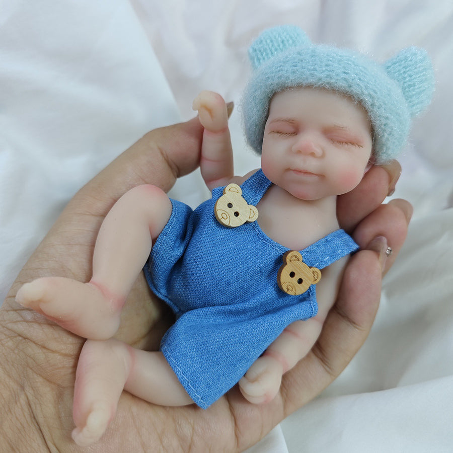 6 Inch Closed Eyes Silicone Mini Reborn Doll Girl Pascale In Bear Overalls