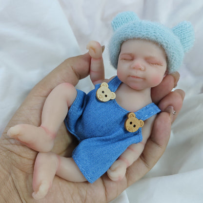 6 Inch Closed Eyes Silicone Mini Reborn Doll Girl Pascale In Bear Overalls