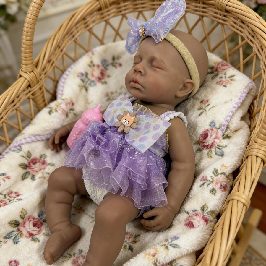 30cm Lifelike Silicone Asleep Loulou Dark Skin Reborn Doll Girl In Purple Dress