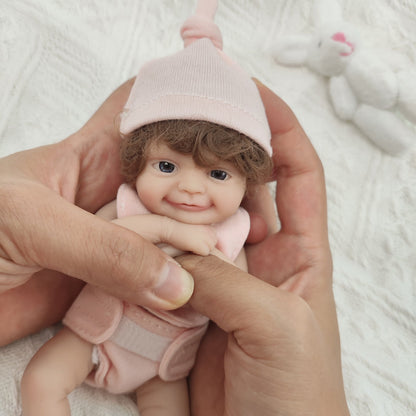 Mini poupée Reborn entièrement en silicone avec yeux ouverts de 15 cm et vêtements roses
