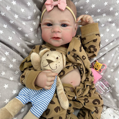 Bébé fille reborn de 50 cm yeux ouverts en tenue léopard - Elijah