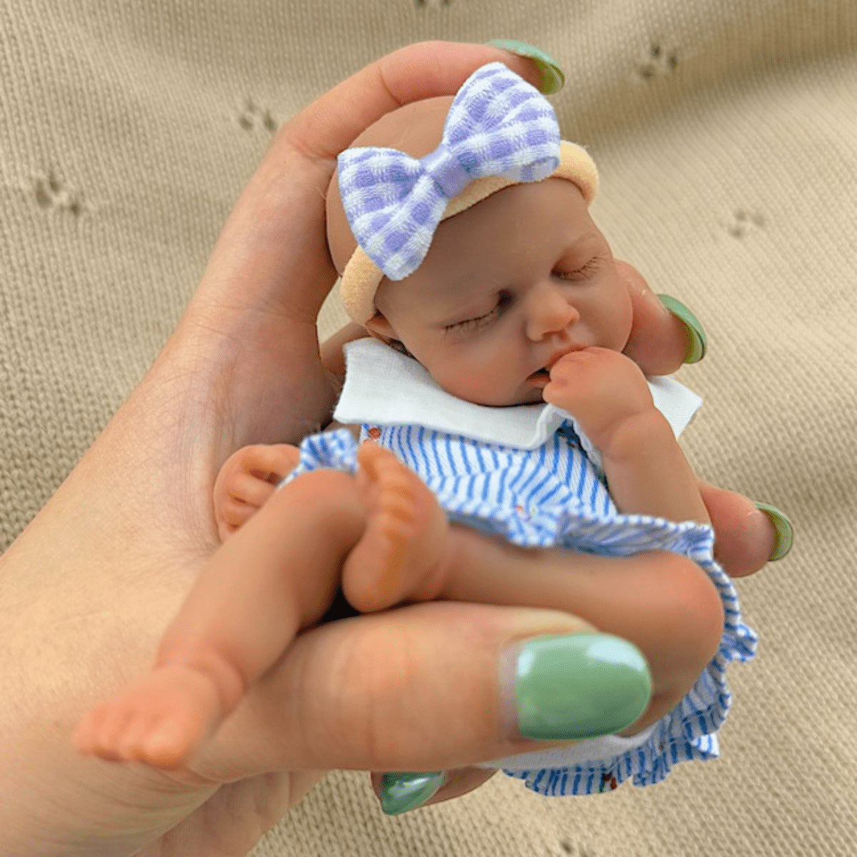 15cm Silicone Dark Skin Loulou Mini Reborn Doll in Blue Stripe Dress
