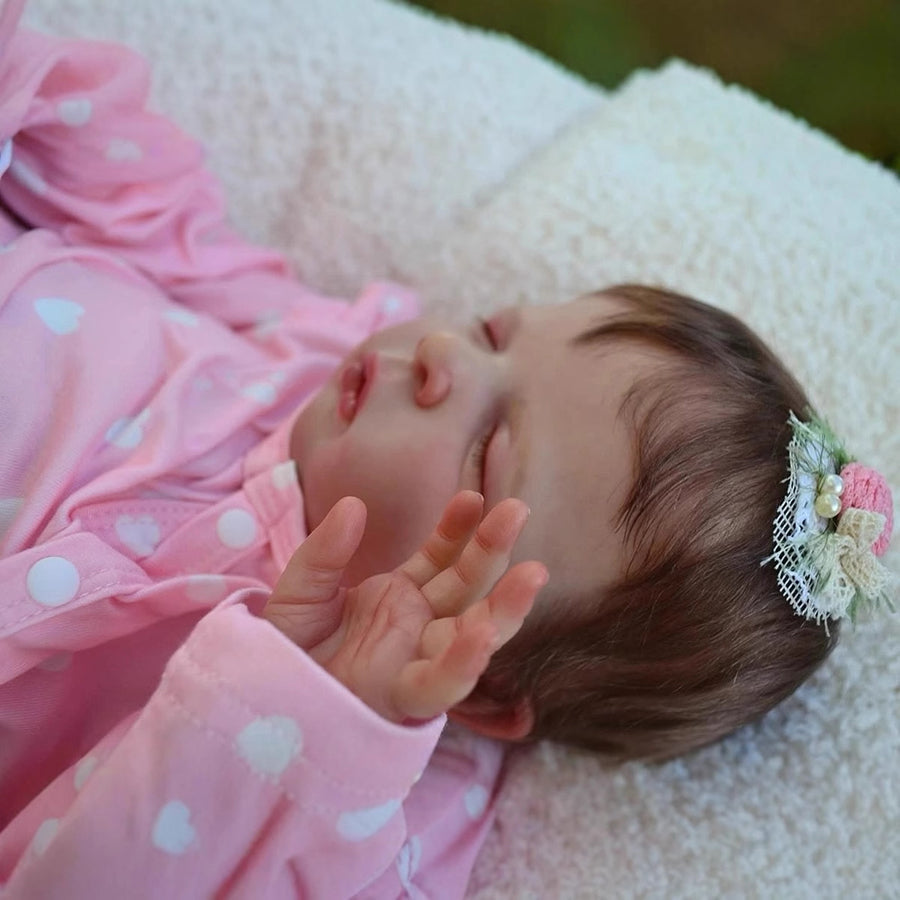 Poupée reborn de 48 cm yeux fermés cheveux courts vêtements roses-Louisa