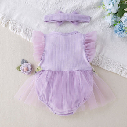 Mesh Embroidered Romper Dress Headband 2-Piece Set for 18-22 inches Dolls