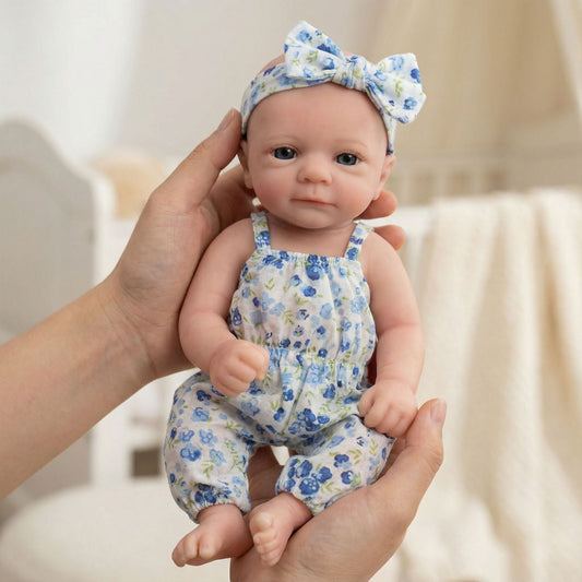 Bébé reborn Felicia de 30cm entièrement en silicone vêtue d'une combinaison bleue à fleurs