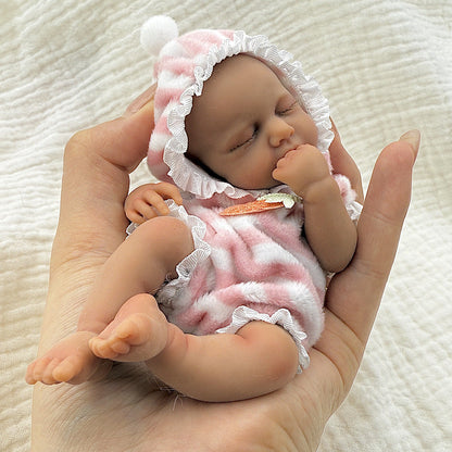15cm Silicone Dark Skin Loulou Mini Reborn Doll in Pink Stripe Outfits