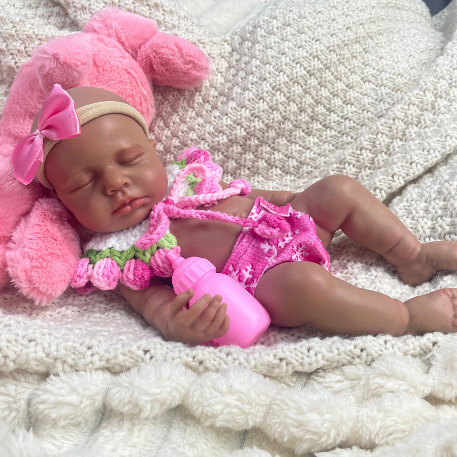 30cm Lifelike Silicone Asleep Loulou Dark Skin Reborn Doll Girl In Pink Outfits