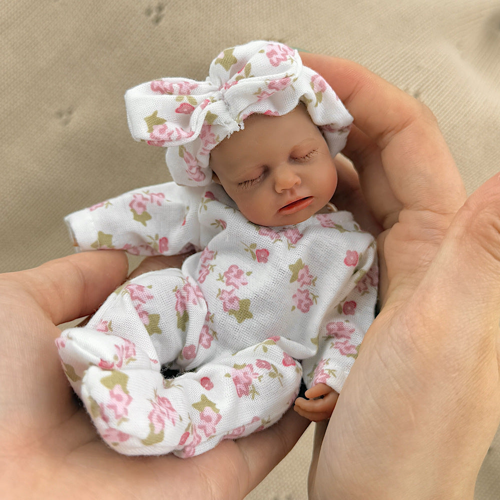 15cm Silicone Dark Skin Loulou Mini Reborn Doll in White Floral Outfits