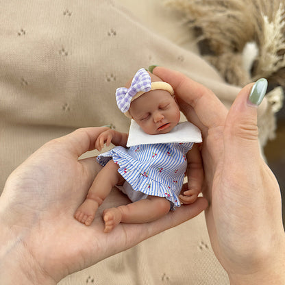 15cm Silicone Dark Skin Loulou Mini Reborn Doll in Blue Stripe Dress