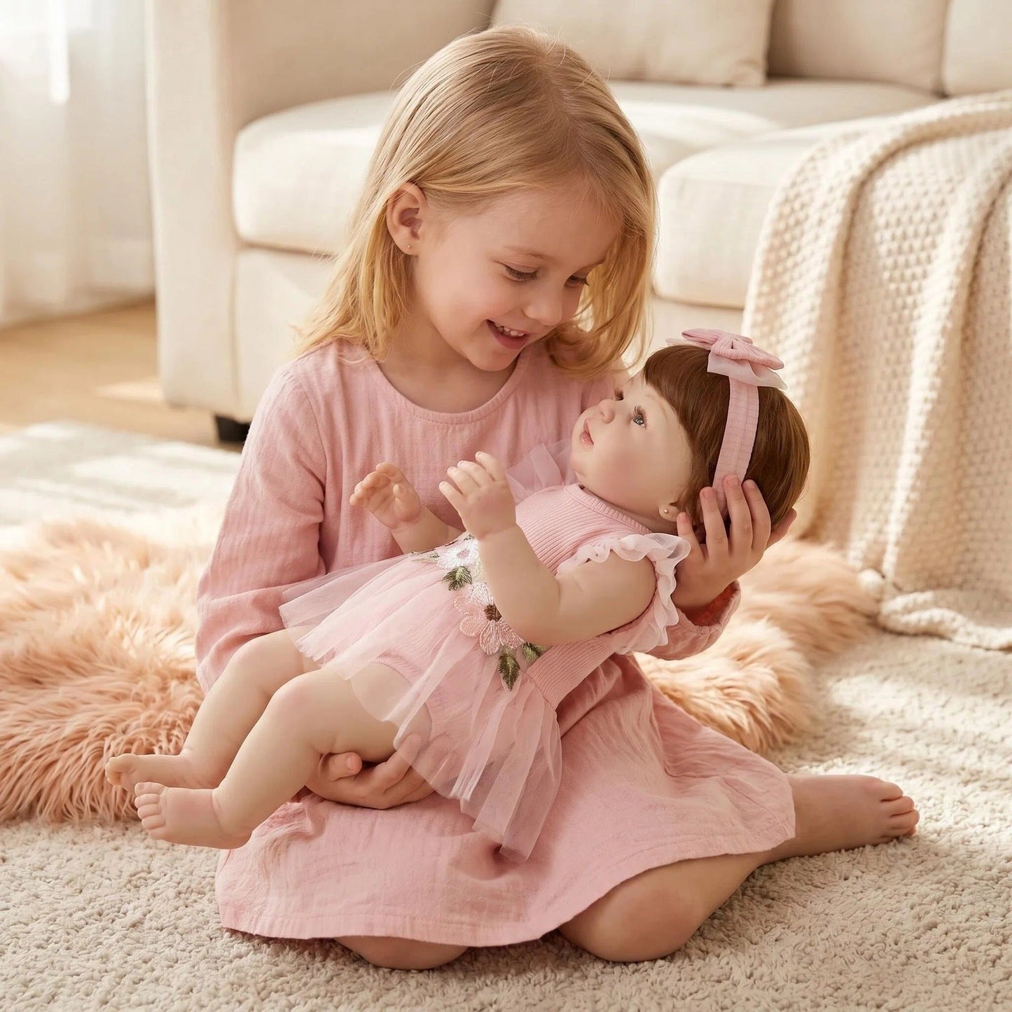 Bébé reborn Abigail de 48 cm (19 pouces) cheveux courts en robe rose