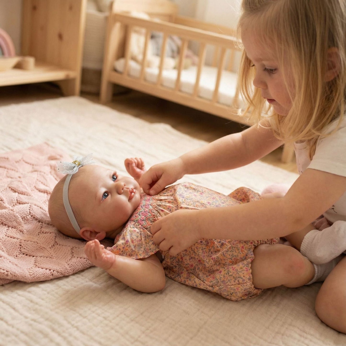 Poupée reborn Lali de 48 cm aux yeux ouverts vêtue de vêtements à fleurs