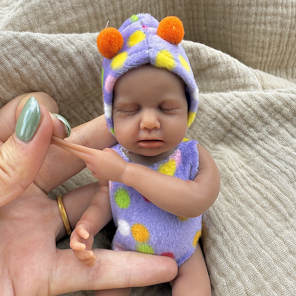 15cm Silicone Dark Skin Loulou Mini Reborn Doll in Polk Dot Outfits