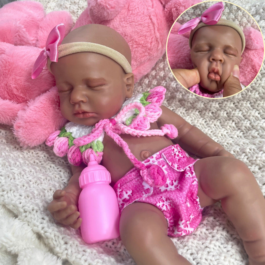 30cm Lifelike Silicone Asleep Loulou Dark Skin Reborn Doll Girl In Pink Outfits