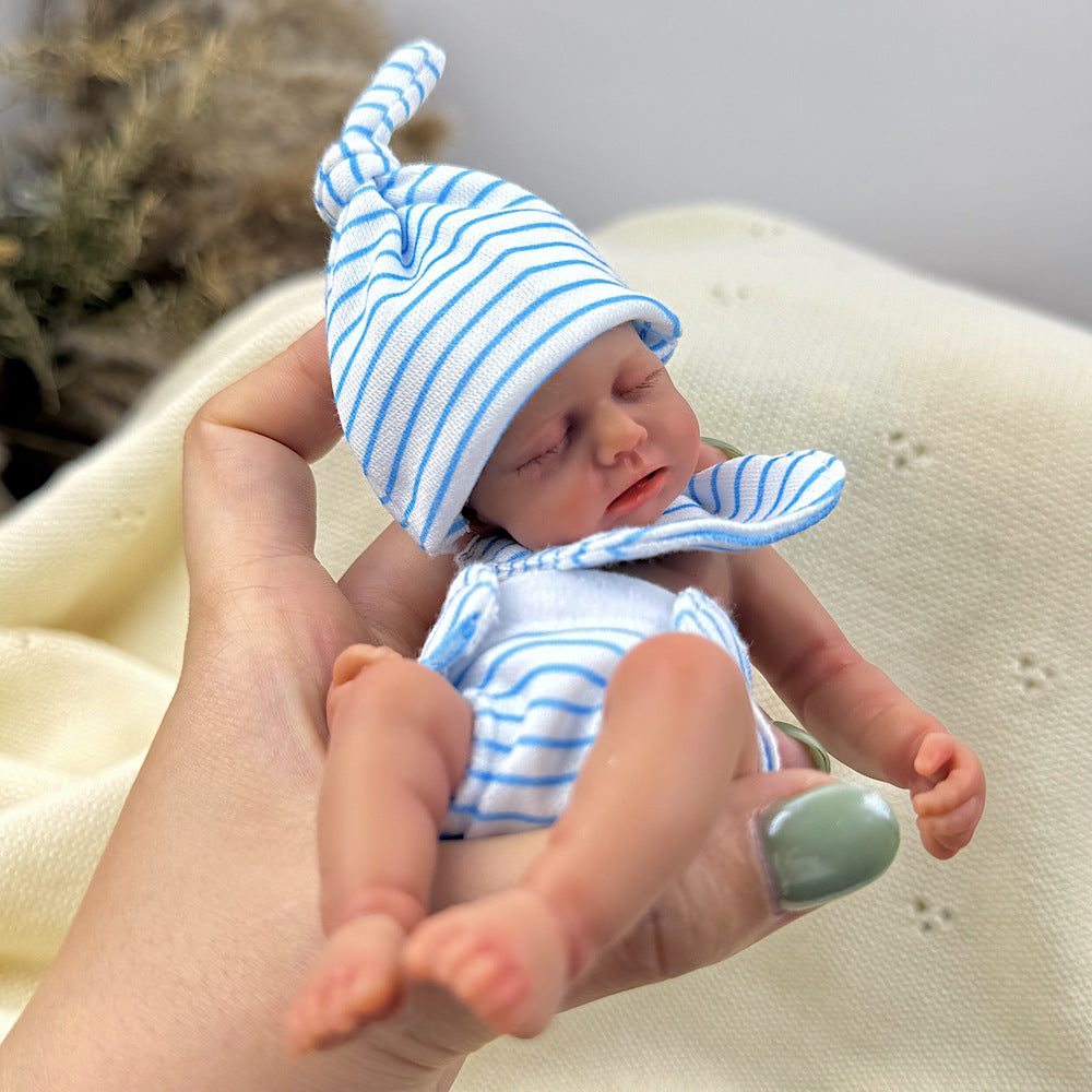 15cm Silicone Dark Skin Loulou Mini Reborn Doll in Blue Stripe Outfits