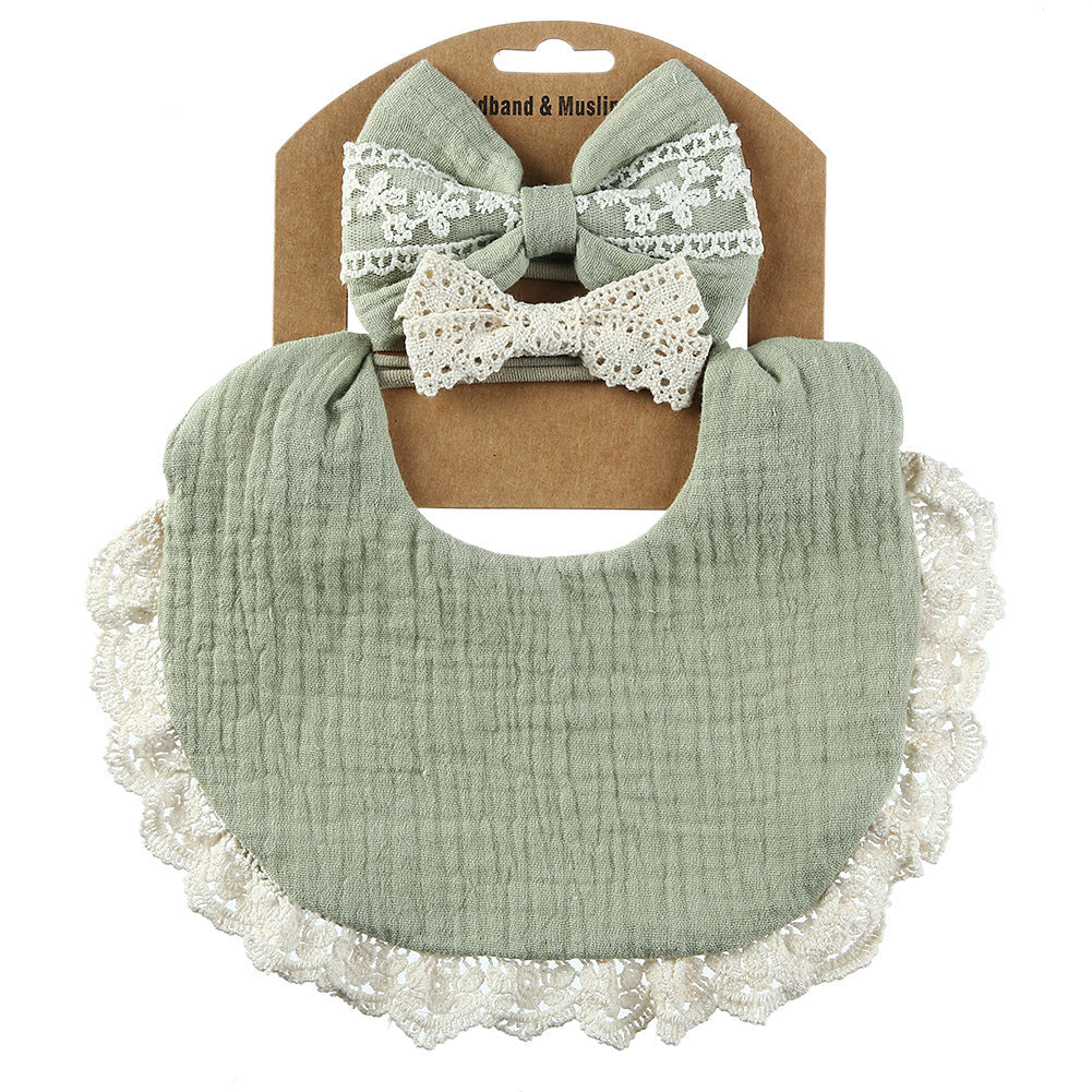 Lace cotton solid color Bib & Headband 3-Piece Set