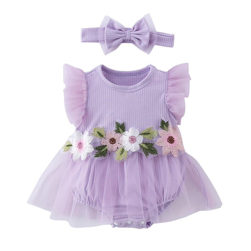 Mesh Embroidered Romper Dress Headband 2-Piece Set for 18-22 inches Dolls