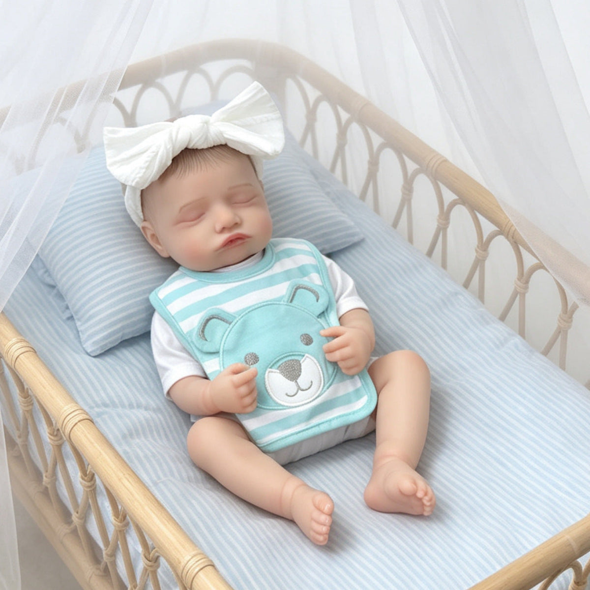 20 Inches Lifelike Closed Eyes Rosalie Reborn Doll Girl With Blue Stripes Bib