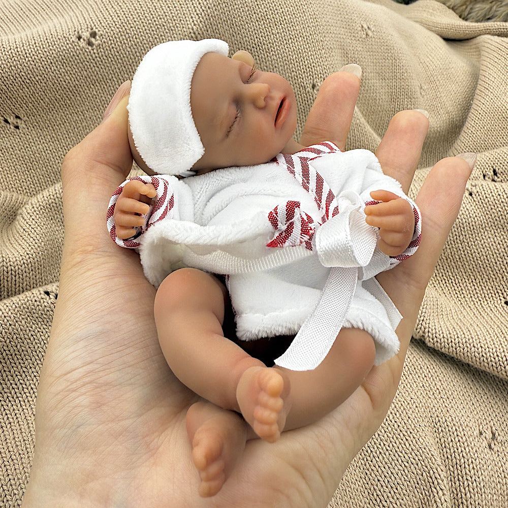 15cm Silicone Dark Skin Loulou Mini Reborn Doll in White Bathrobe