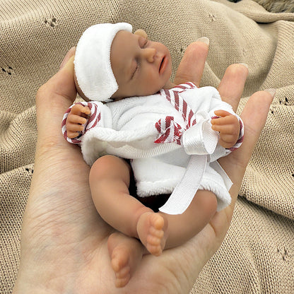15cm Silicone Dark Skin Loulou Mini Reborn Doll in White Bathrobe