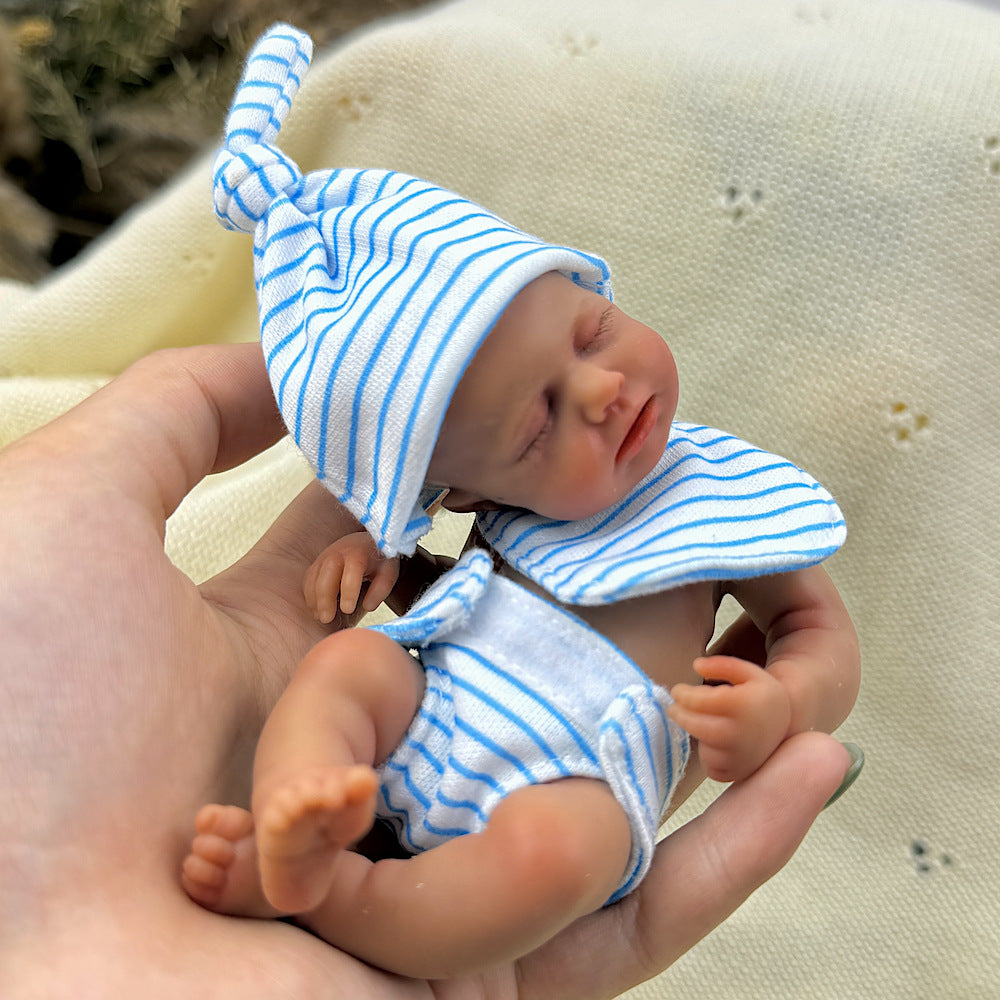 15cm Silicone Dark Skin Loulou Mini Reborn Doll in Blue Stripe Outfits