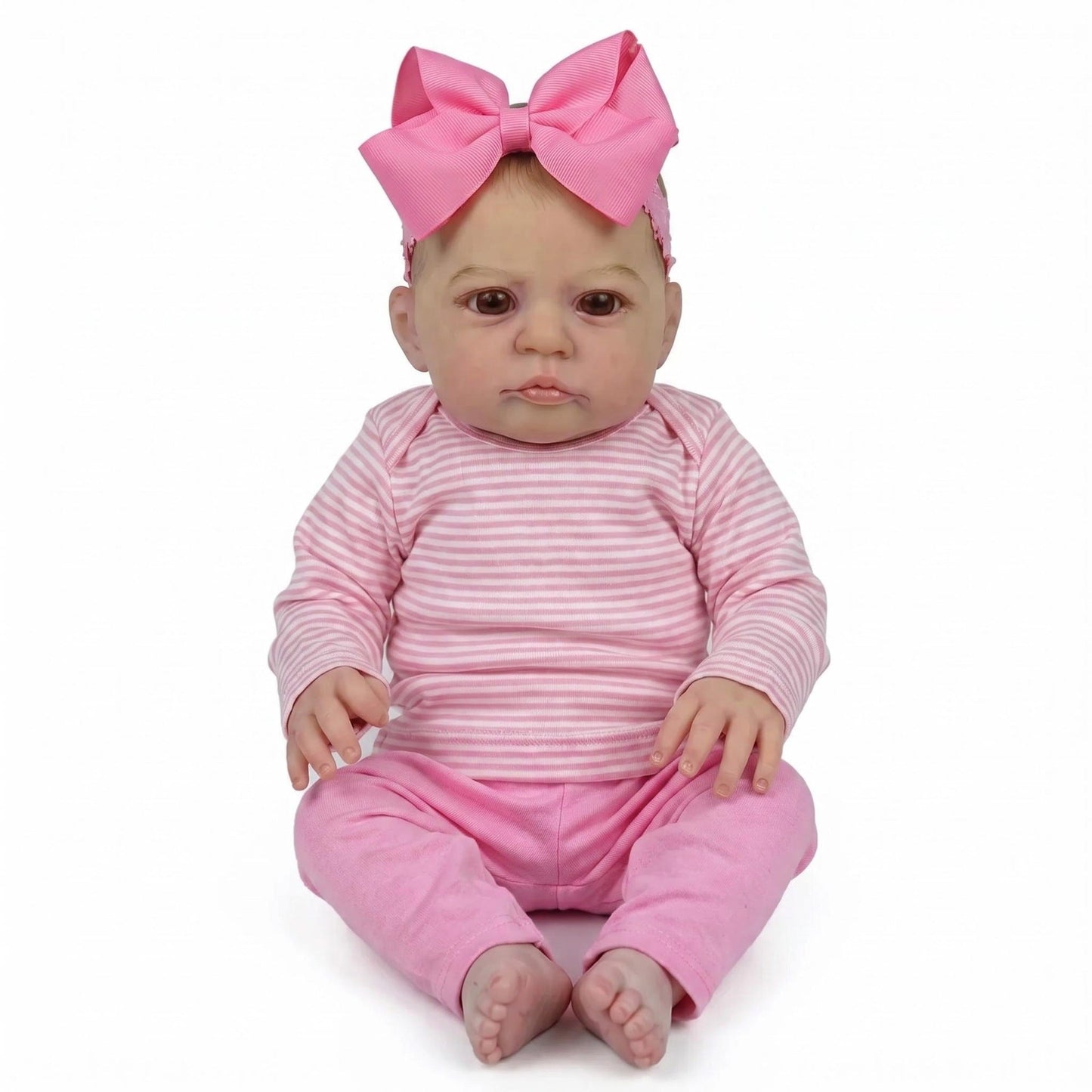 Poupée reborn héron de 48 cm aux yeux ouverts vêtue d'une tenue à rayures roses