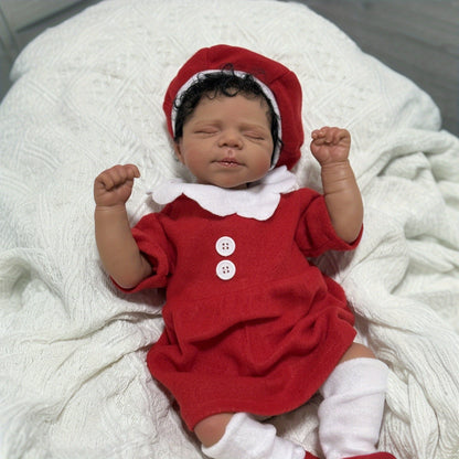 19 Inches Lifelike Closed Eyes Dark Skin Reborn Doll In Christmas Clothes-Pascale