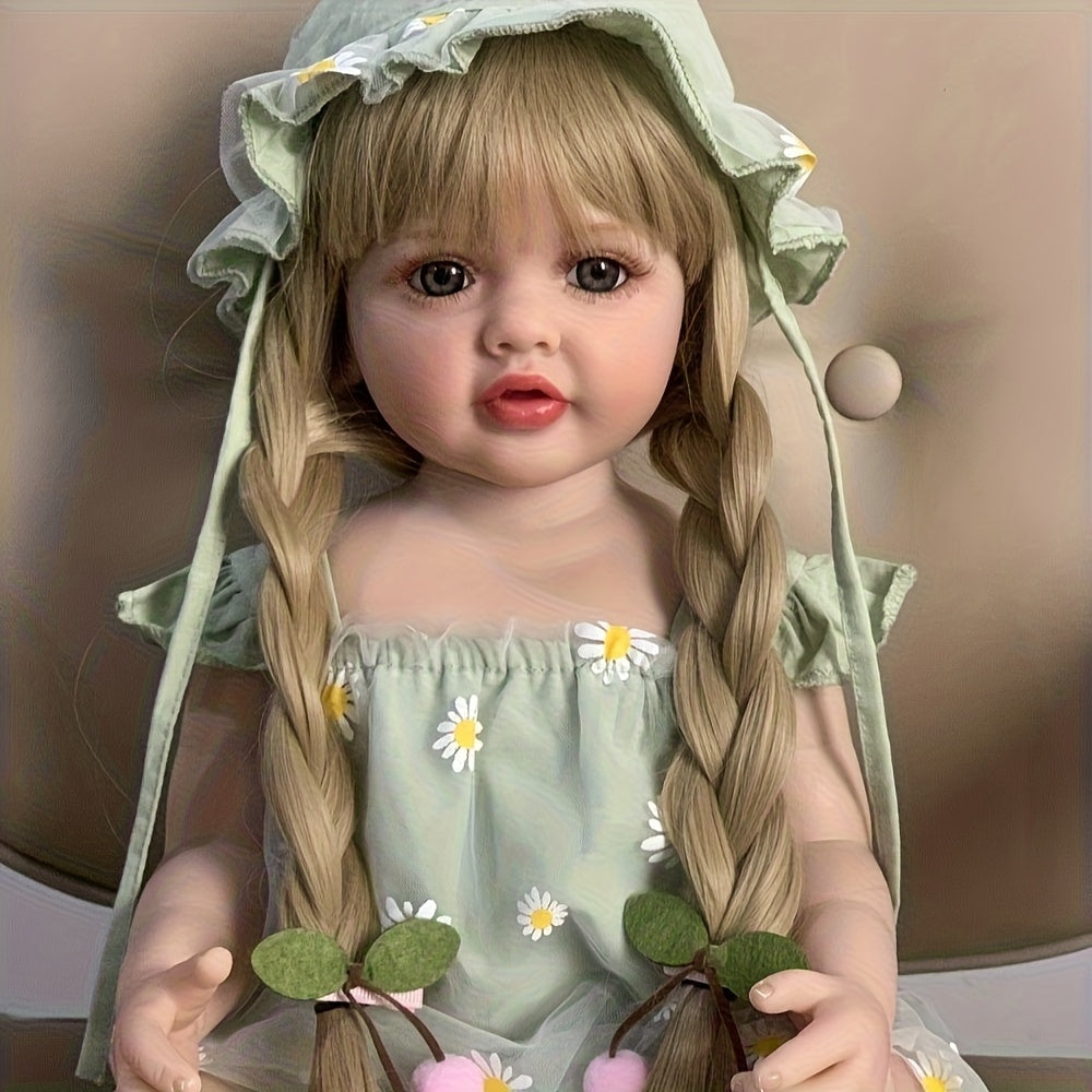 55cm Open Eyes Long Blonde Hair Betty Reborn Baby Girl In Green Daisy Outfits