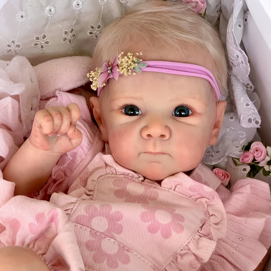 Poupée Reborn Bettie aux yeux bleus de 18 pouces fille en vêtements à fleurs roses