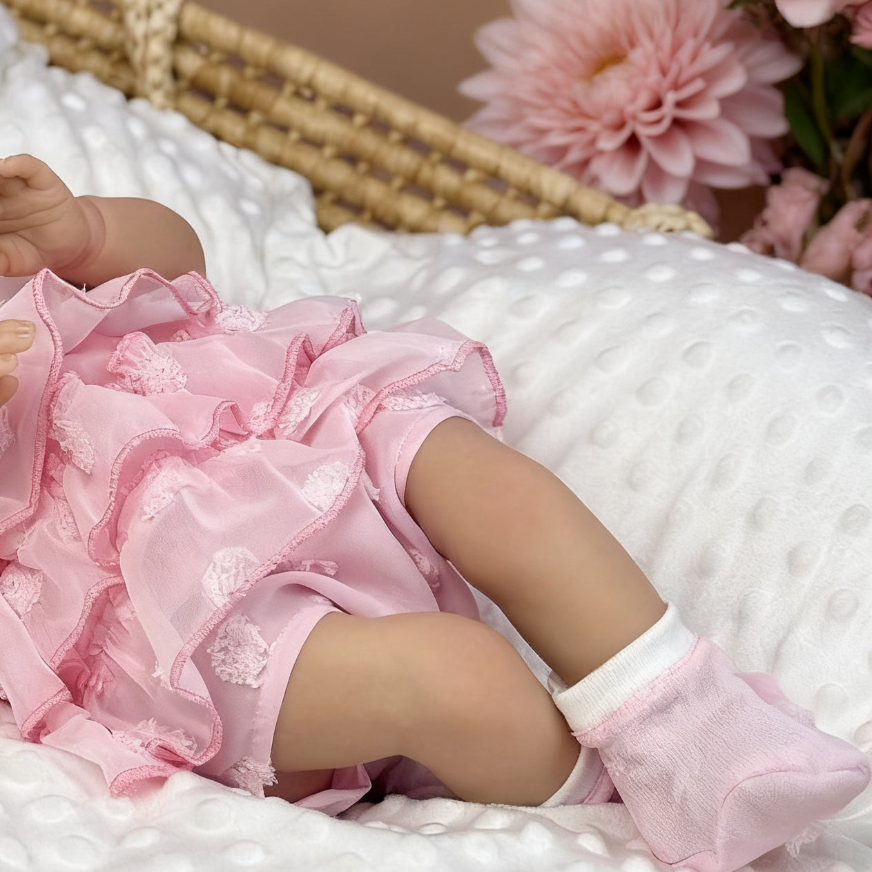 Poupée reborn Irys de 48 cm corps souple endormie en robe rose