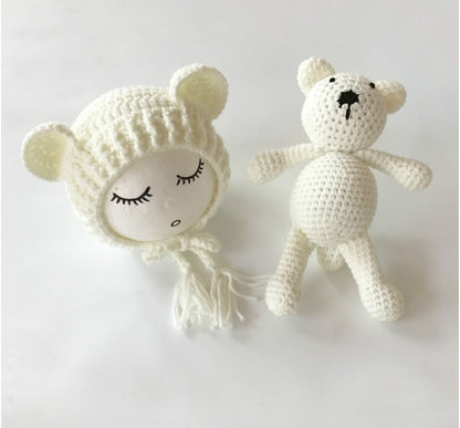Ensemble 2 pièces bonnet et jouet ours mignon à tricoter pour bébé