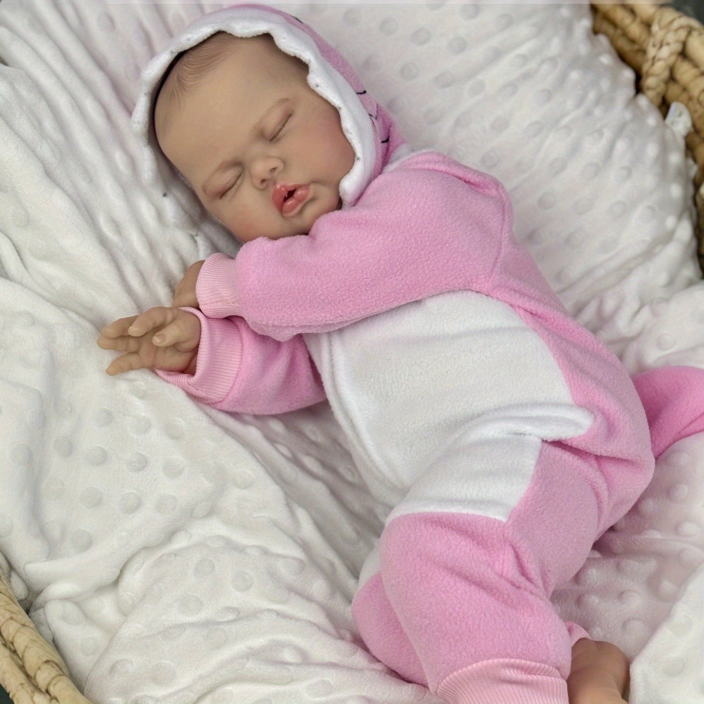 Poupée reborn de 50 cm corps en tissu doux en forme de cornichon endormi vêtue d'une tenue rose