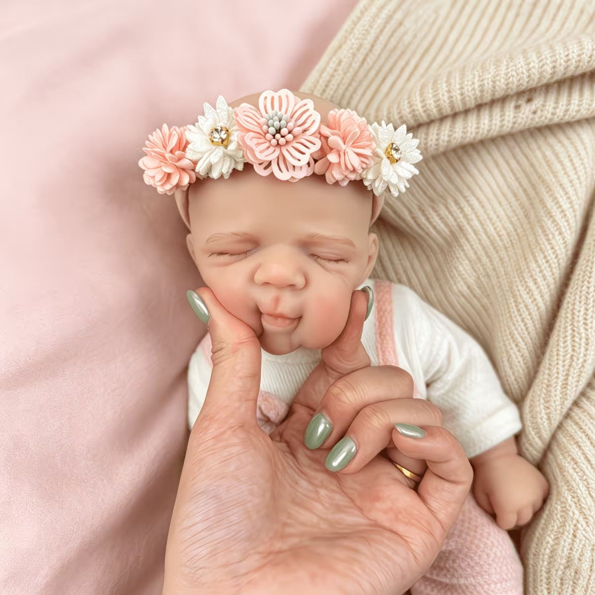 Poupée reborn Pascale de 30 cm entièrement en silicone endormie vêtue d'une tenue d'ours rose