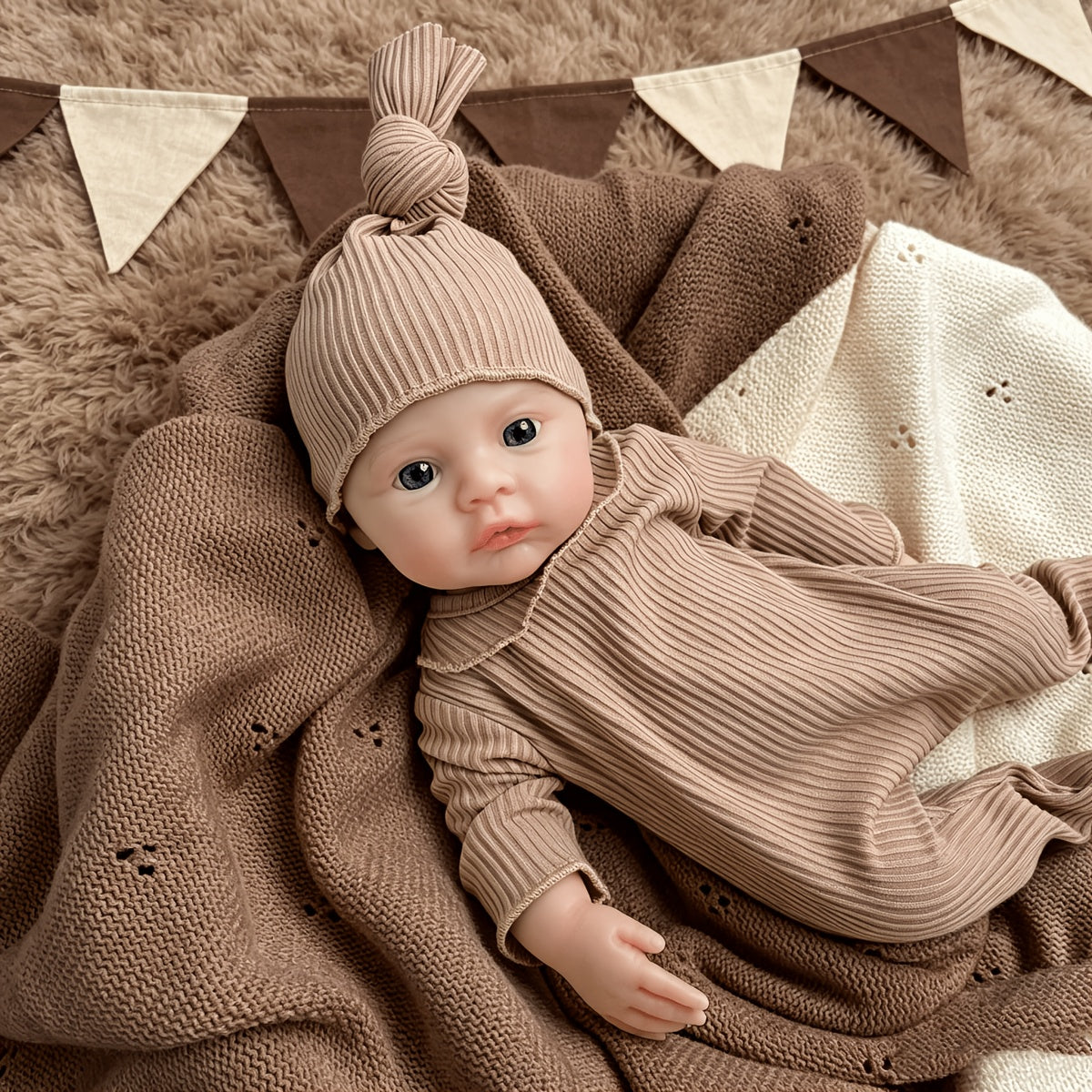 Bébé reborn fille de 30 cm en silicone vêtue d'une combinaison marron