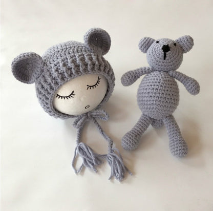 Ensemble 2 pièces bonnet et jouet ours mignon à tricoter pour bébé
